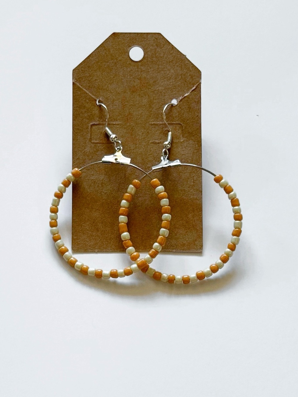 Handmade Orange and Cream Beaded Hoop Earrings - Unbranded